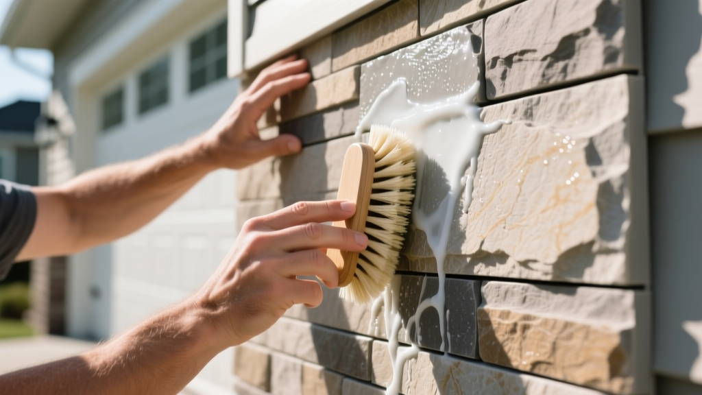 Close-up of a homeowner using a soft-bristle brush and pH-neutral cleaner to gently wash a manufactured affordable stone veneer exterior wall