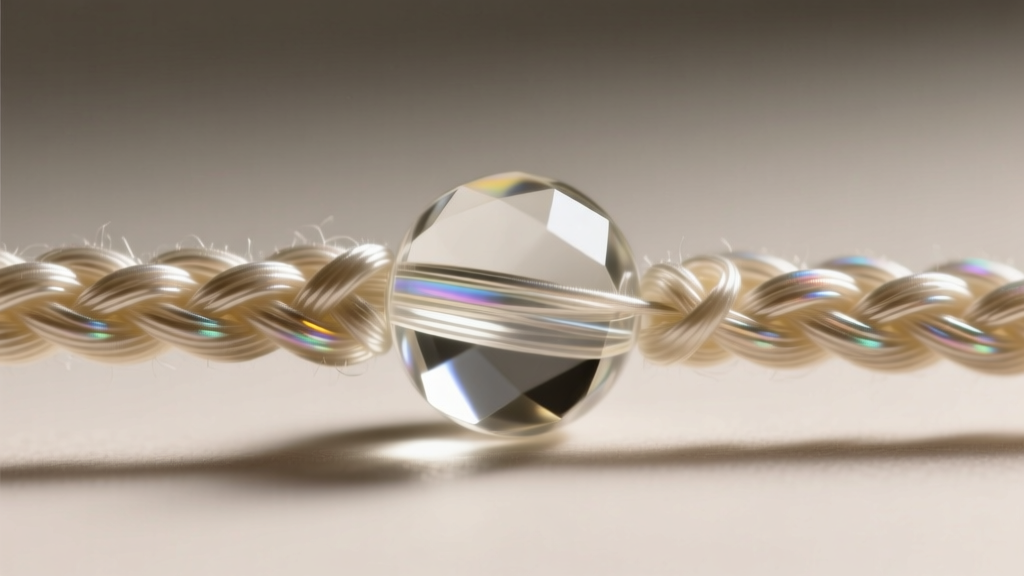 Macro shot of braided polyethylene beading thread passing through a 2mm glass crystal bead, highlighting the thread texture
