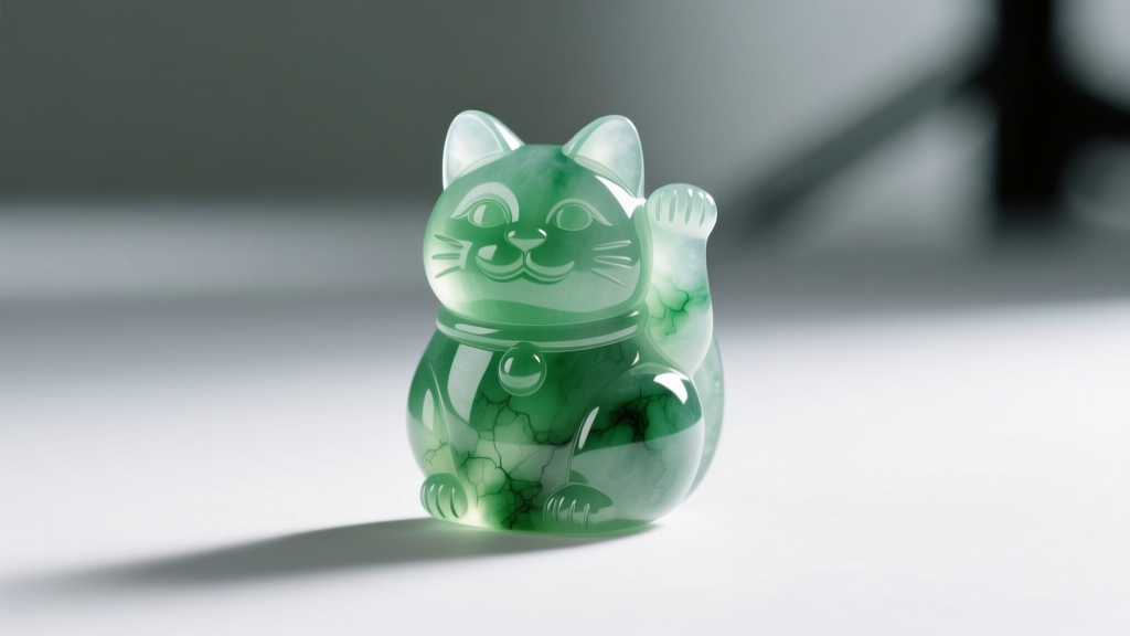 Side profile of a carved Type A jadeite lucky cat pendant showing translucent green color variations and natural stone inclusions.