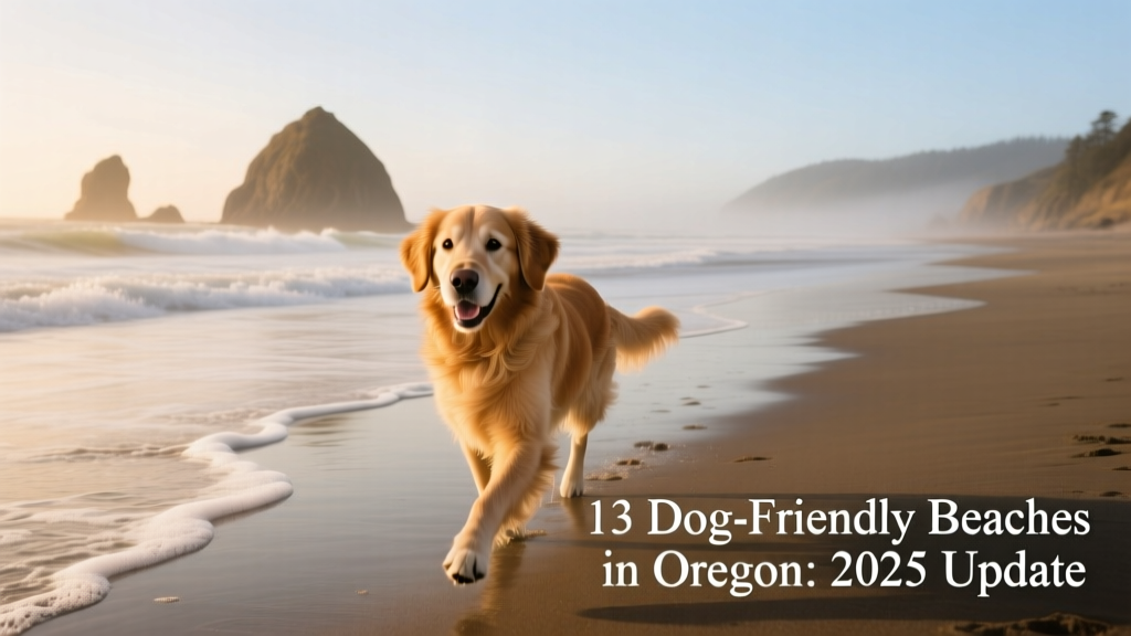 A golden retriever trotting along a wide, windswept Oregon beach with gentle waves and distant rocky outcrops