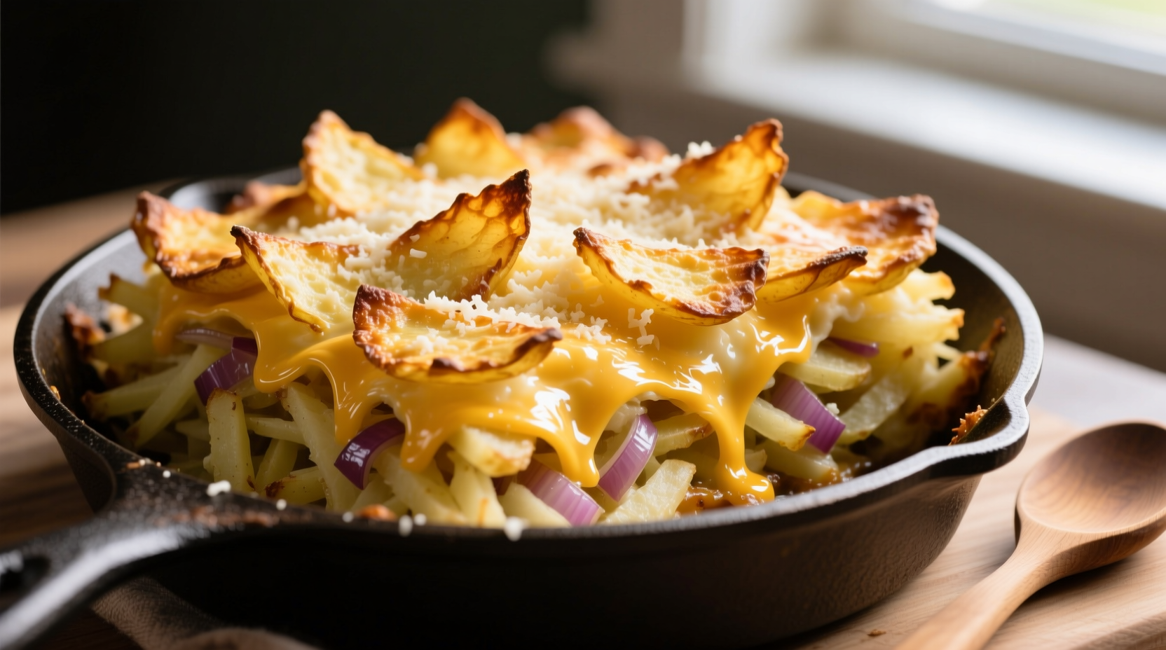 Close-up of crispy hashbrown potato casserole topping