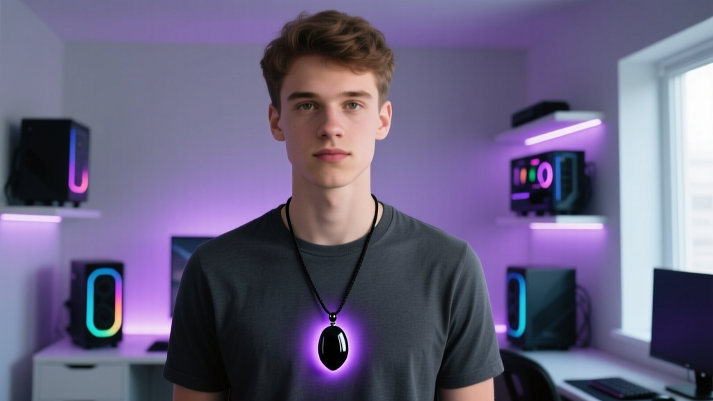 Man wearing a black onyx pendant on a rope chain over a dark shirt in a gaming room illuminated by soft purple LED background glow