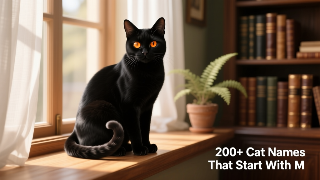 A sleek black cat sitting regally on a sunlit windowsill, tail curled neatly around paws