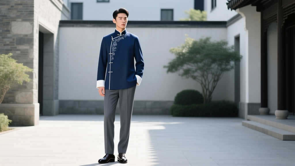 A groom wearing a navy blue modern changshan with subtle tonal embroidery, paired with tailored charcoal trousers and Oxford shoes.
