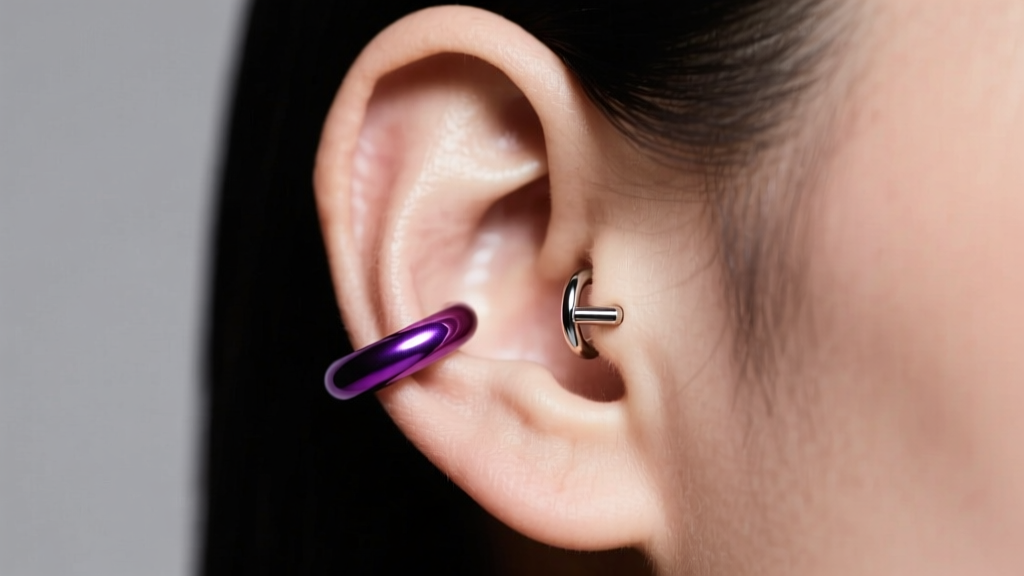 Close-up of an ear wearing seamless niobium clicker hoops in an iridescent purple finish, highlighting the smooth hinge mechanism.