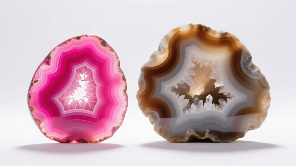 Macro shot comparing a vibrant neon-pink dyed agate slice with a natural earthy banded quartz geode under bright studio lighting.