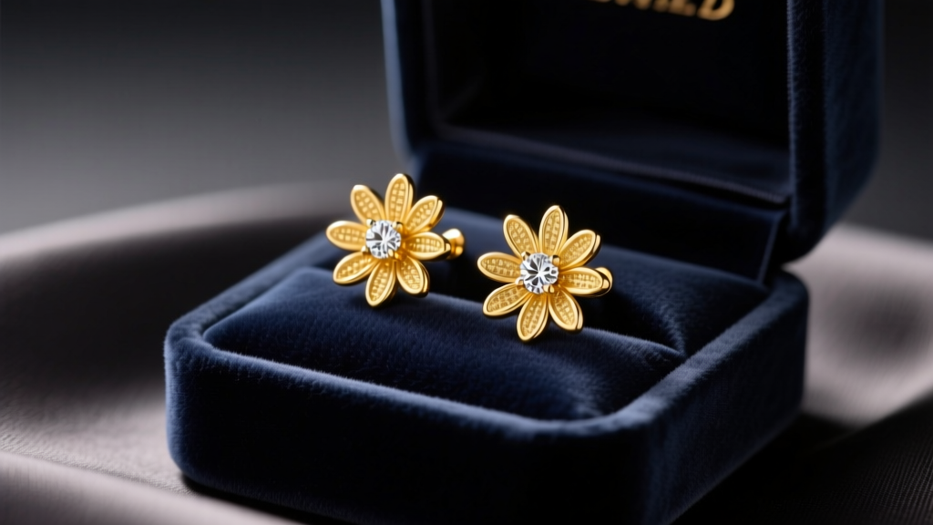 14k yellow gold daisy stud earrings with diamond centers in a velvet box on dark silk, lit by soft warm studio lighting.
