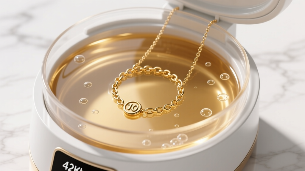 Ultrasonic cleaner set to 42kHz, holding a 10g Japanese gold Figaro chain submerged in a gentle, warm cleaning solution bath.