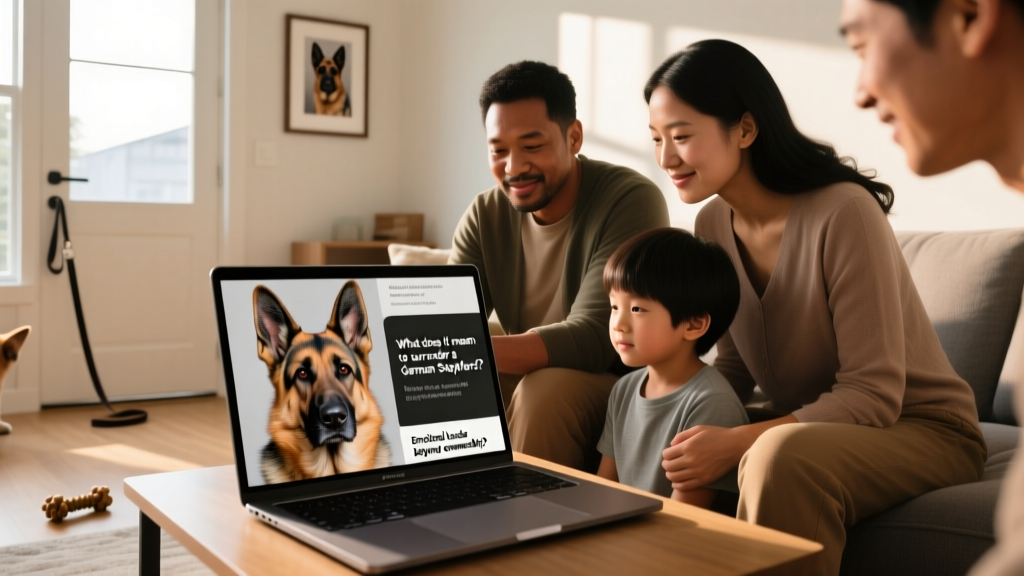 A family reviewing a German Shepherd's profile on a laptop, with photos of the dog visible on screen