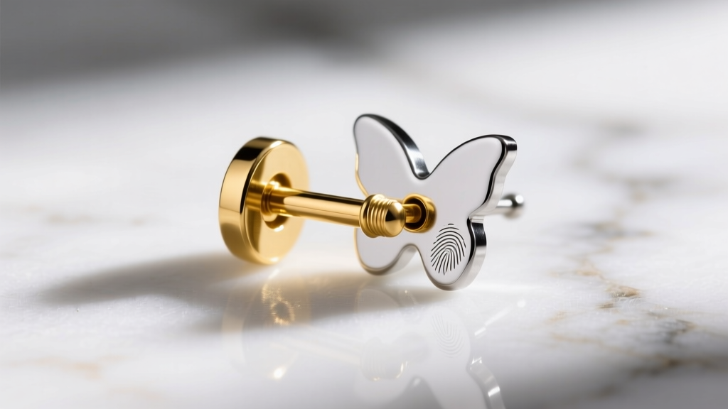 Macro shot of a 20-gauge gold earring post sliding into a polished surgical steel butterfly earring backing on white marble.