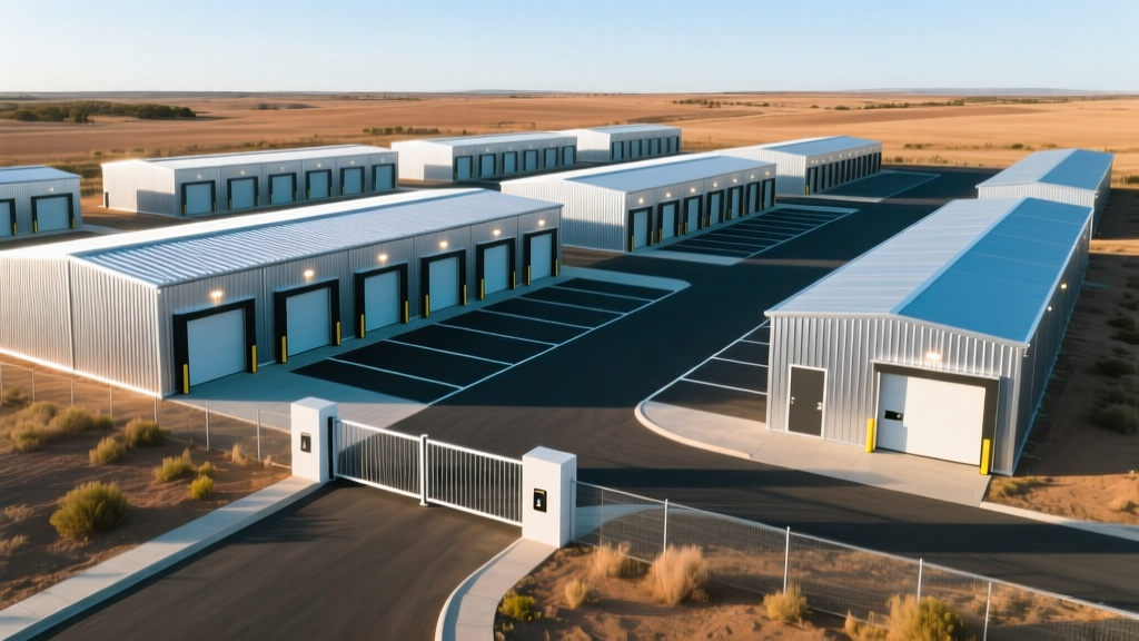 Aerial view of a newly constructed single-story pre-engineered metal self storage facility with paved drive aisles and modern security gates