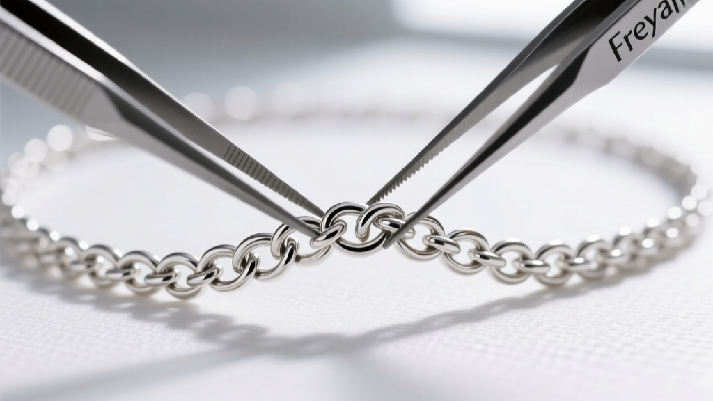 Tangled sterling silver knotwork chain from a Freya necklace being carefully separated using two fine-tipped jewelry tweezers.