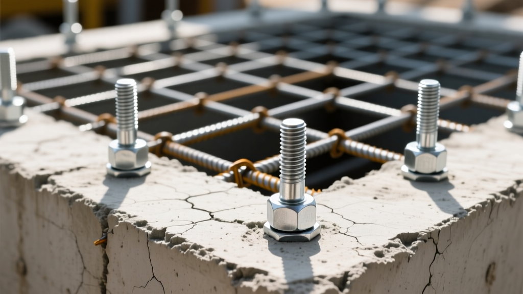 Close-up of heavy-duty galvanized wedge anchor bolts embedded in a freshly poured structural concrete foundation with exposed rebar grid