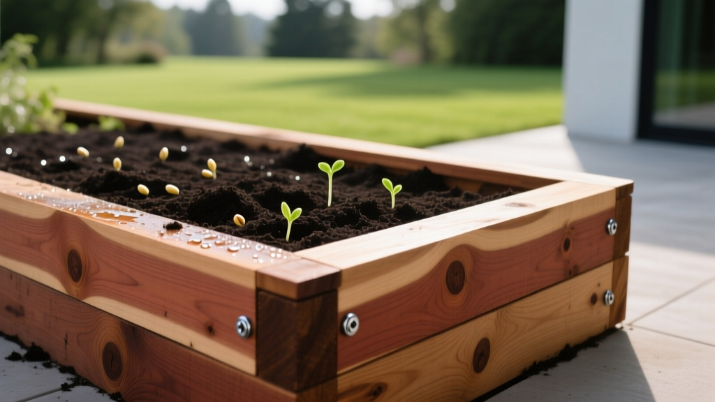 Rough-sawn western red cedar planks and stainless steel screws assembled into a raised garden bed filled with dark loamy soil