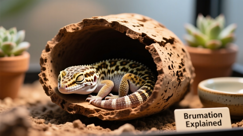 Close-up of a leopard gecko curled up inside a cork bark hide, eyes closed but limbs relaxed