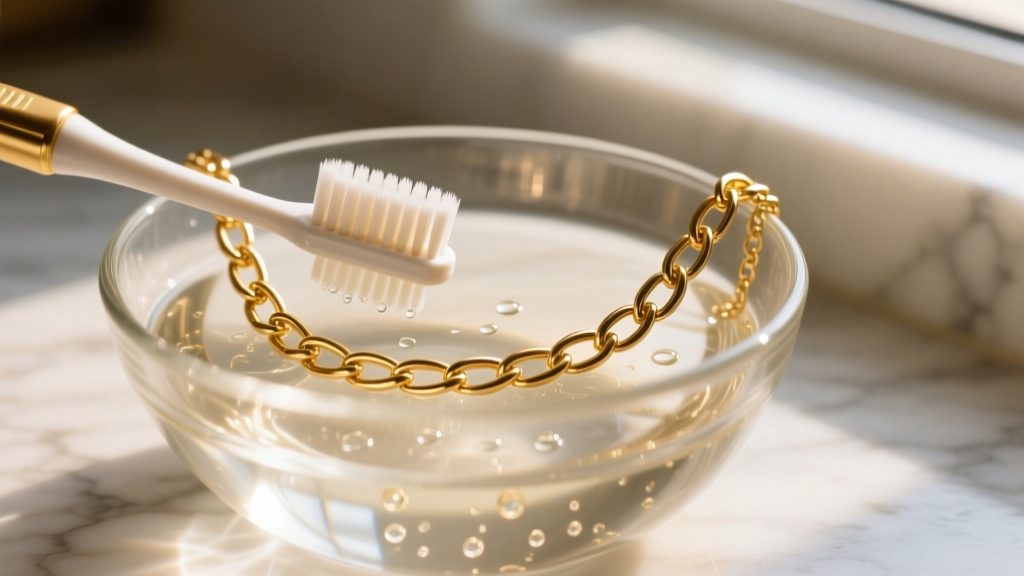 Soft toothbrush scrubbing a soapy 14k gold European 4-in-1 chainmail necklace in a glass bowl filled with warm distilled water