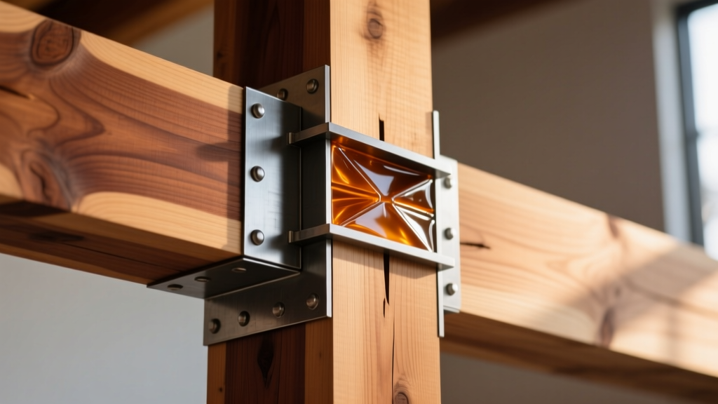 Close-up of a precision-cut timber scarf joint secured with steel shear plates and structural epoxy in a heavy timber frame structure.