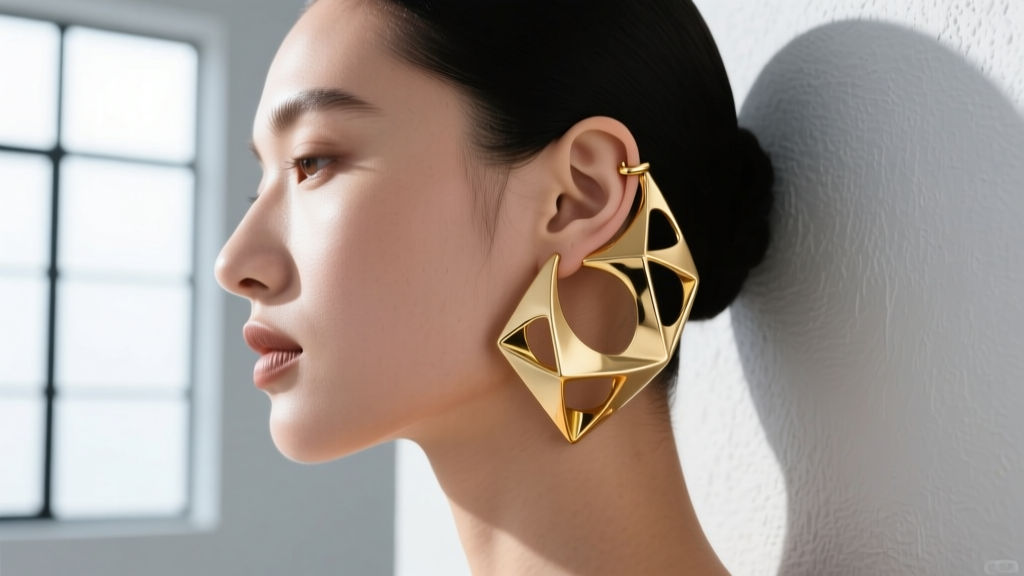 Side profile of a model wearing an oversized lightweight electroformed gold ear cuff wrapping around cartilage without a piercing