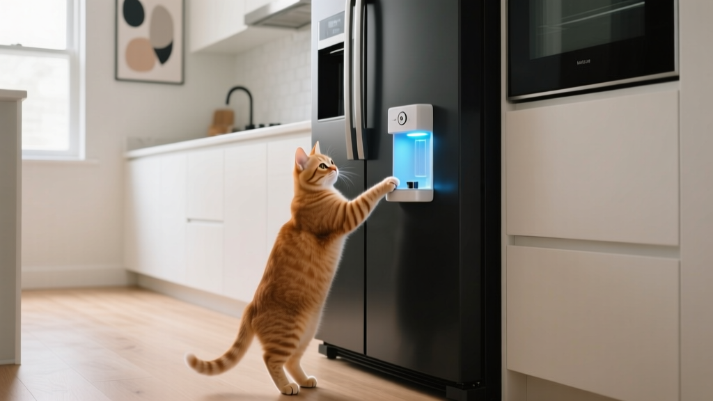 Cat Paw Patting the Refrigerator Water Dispenser