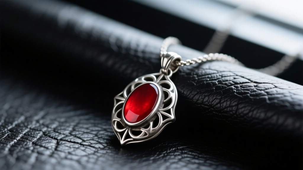 Macro shot of an oxidized silver pendant necklace with crimson enamel, resting on dark, heavily textured black leather fabric