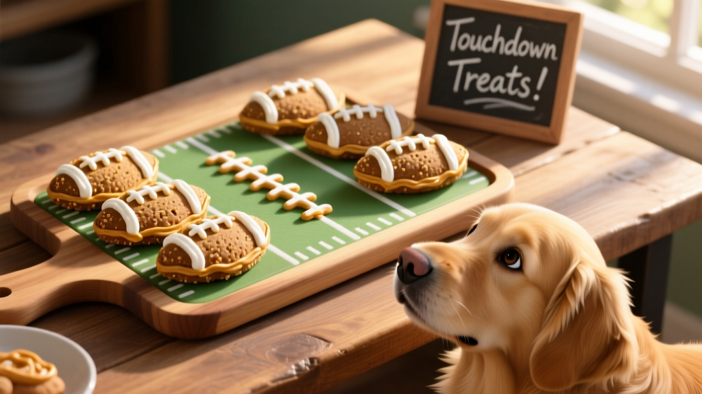 Finished football-shaped dog treats with piped peanut butter and yogurt laces, arranged on a wooden serving board