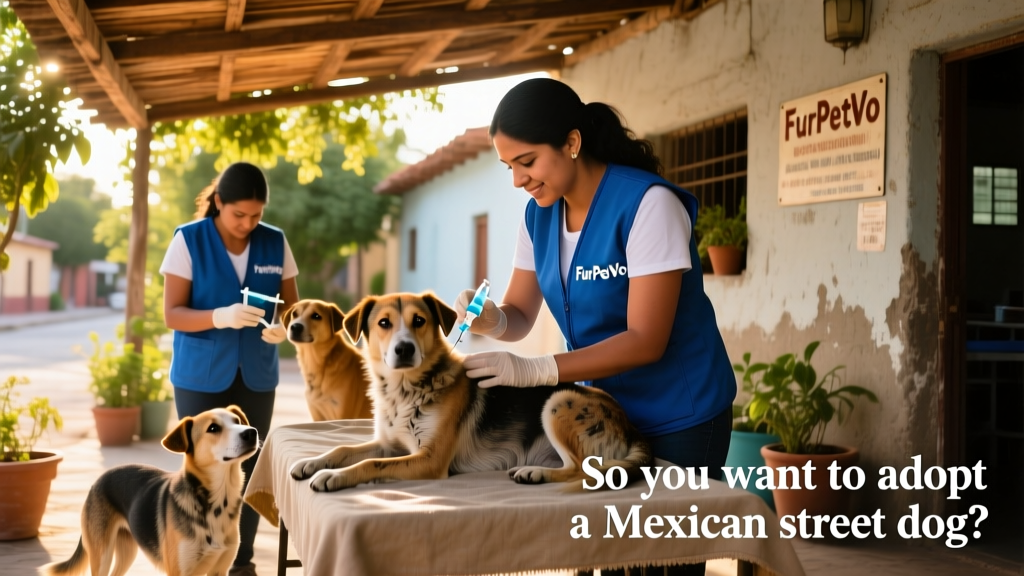 Volunteers from FurPetVo administering vaccinations and flea treatment to street dogs in a shaded outdoor clinic setting in central Mexico