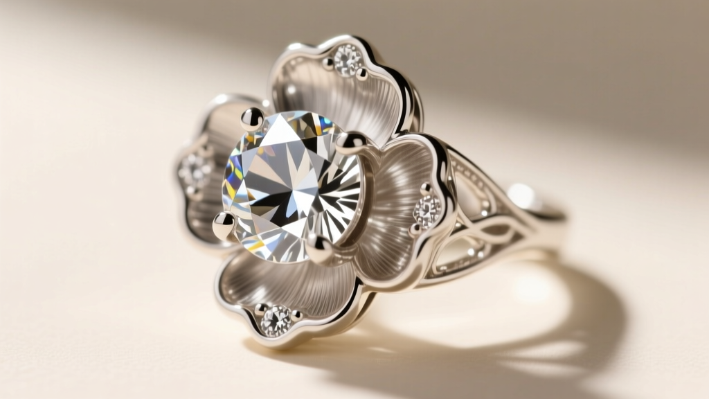 Macro photography showing the prong-set cubic zirconia center of a sterling silver peony earring, highlighting metal texture.