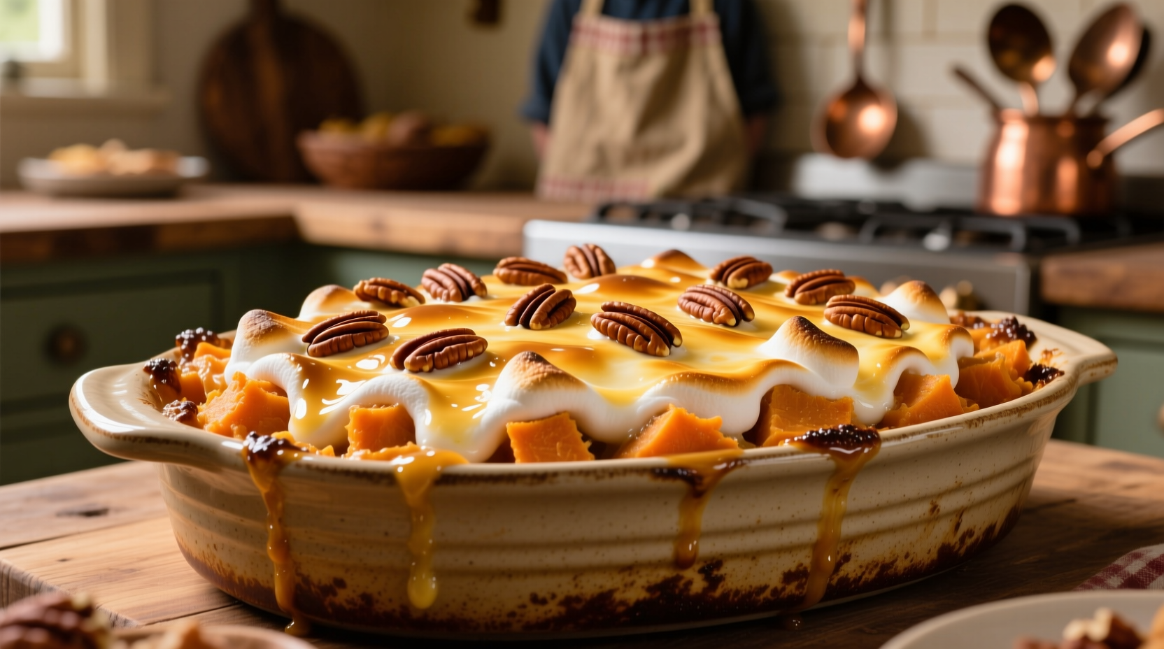 Golden sweet potato casserole with melted marshmallows and pecan topping