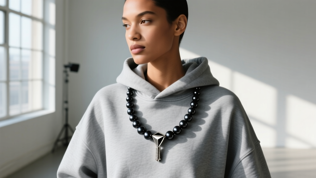 Model wearing 22-inch urban pearl necklace over heavyweight grey hoodie, highlighting a matte black titanium screw clasp mechanism