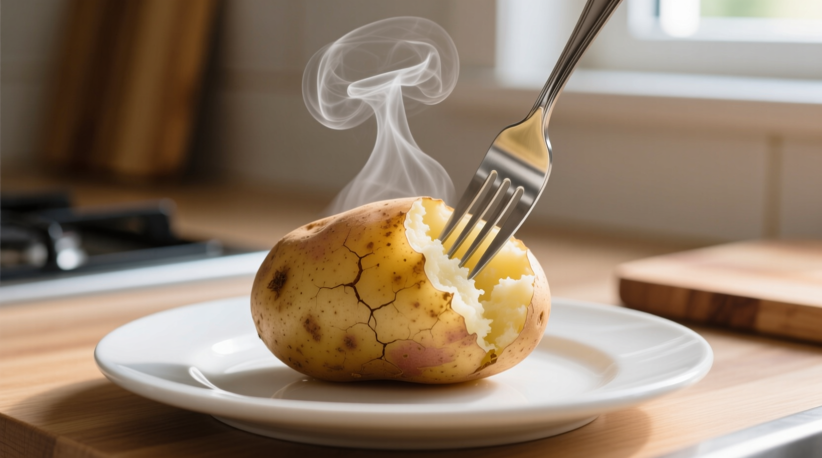Microwaved potato with fork showing steam release