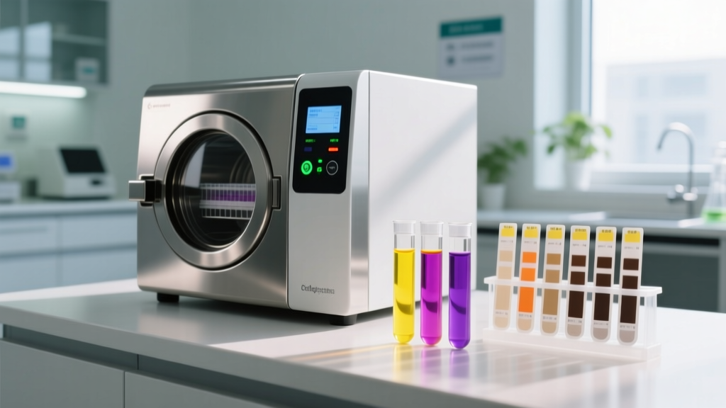 Digital autoclave machine showing a completed cycle, next to glass spore test vials and chemical indicator strips on a counter