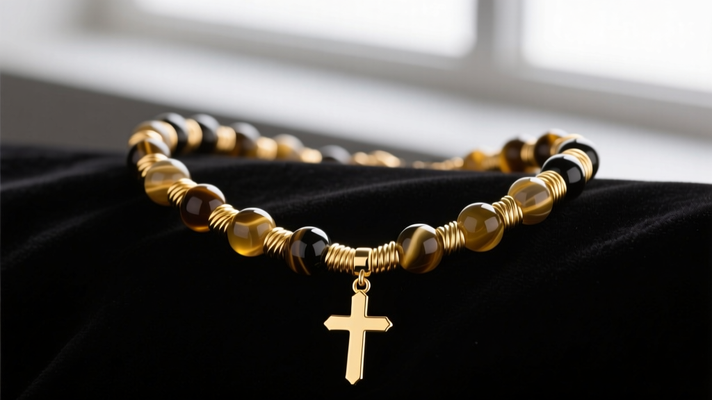 Close-up of a gold fashion rosary necklace on dark velvet, highlighting wire-wrapped onyx beads and a small cross pendant.