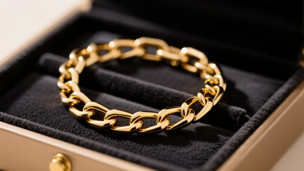 Macro shot of a gold box chain on an anti-tarnish flannel organizer, highlighting intricate square links and dark matte fabric.