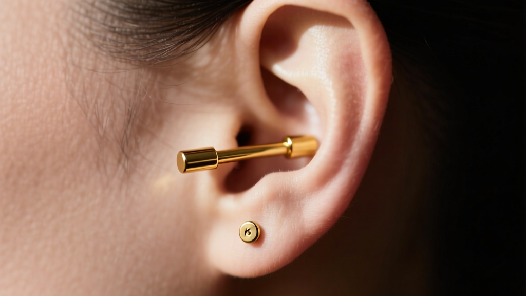 Side profile of a cartilage piercing with a 16-gauge gold flat-back labret showing a flush fit and correct angle against the ear.