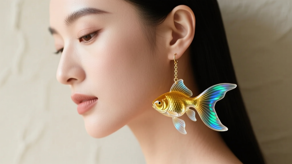 Profile of a woman wearing a translucent resin goldfish dangle earring, showing lightweight movement and iridescent fin details