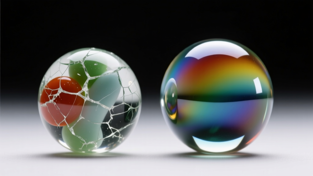 Macro close-up comparing scratched acrylic resin smarties bead next to flawless glossy lampwork glass bead under studio lighting