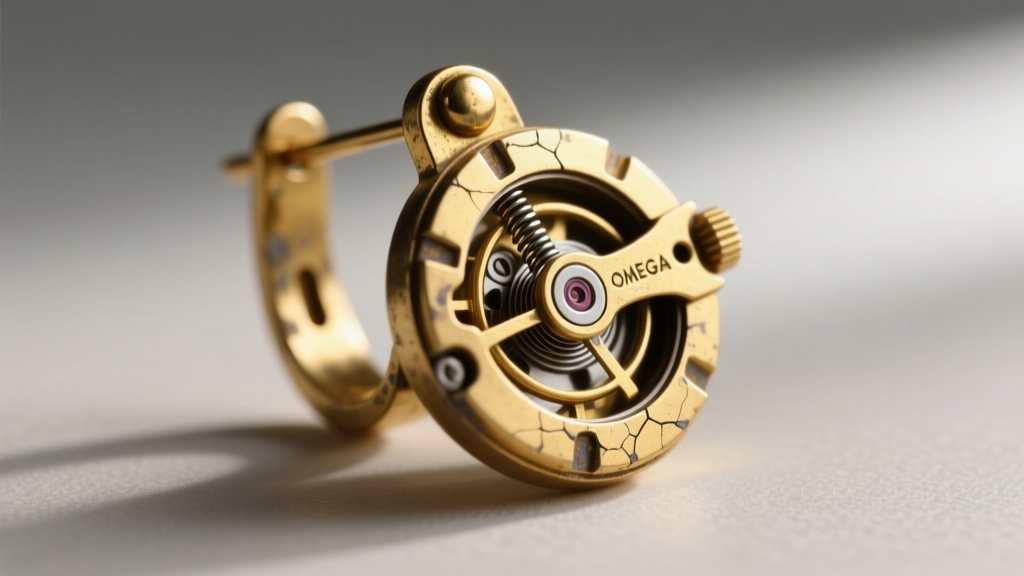 Close-up of a vintage omega-back earring mechanism showing the brass hinge, tension spring, and gold plating wear patterns