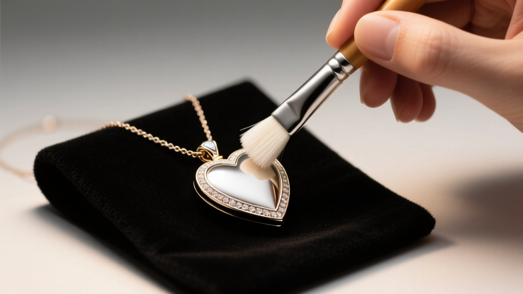 Jeweler using a soft bristle brush and mild surfactant to clean a white gold heart locket necklace under warm LED bench lighting.