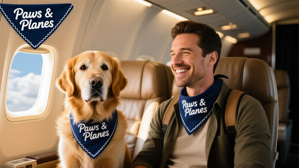 Happy owner smiling beside his large dog seated calmly in an airplane cabin, both wearing matching travel bandanas