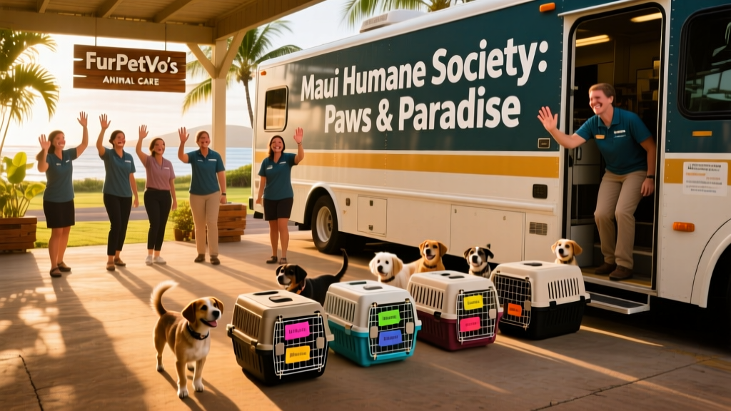 A group of cheerful volunteers and staff at FurPetVo’s facility, waving goodbye as a small group of dogs in travel crates prepares to board a chartered transport vehicle