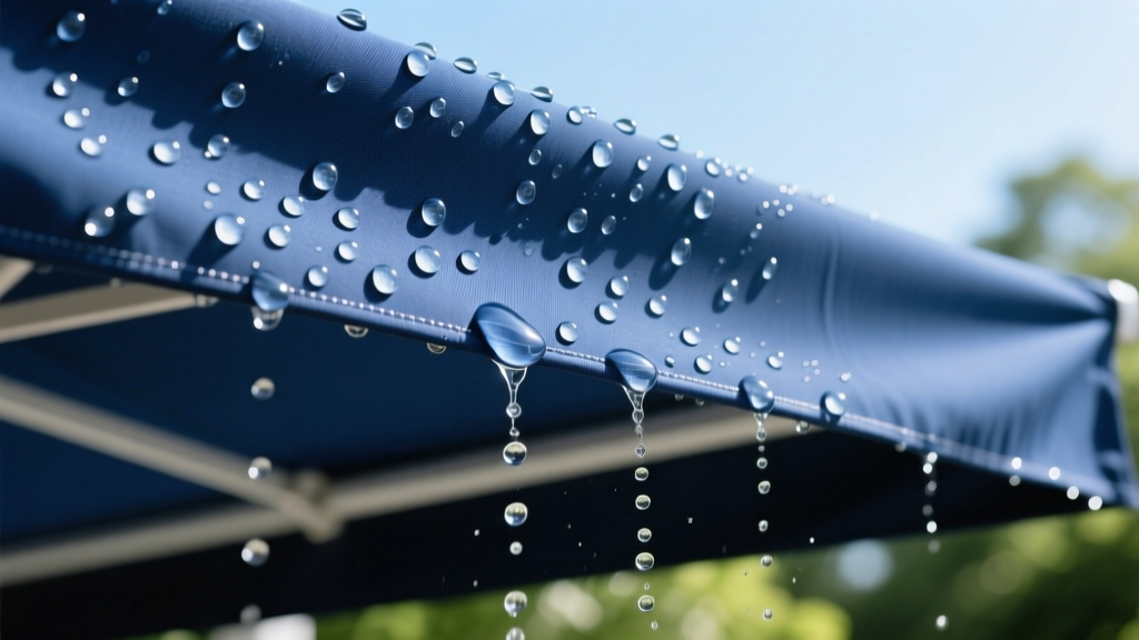 Close-up of water beading and rolling off a taut, navy-blue Sunbrella acrylic canvas awning after a fresh application of fabric guard spray