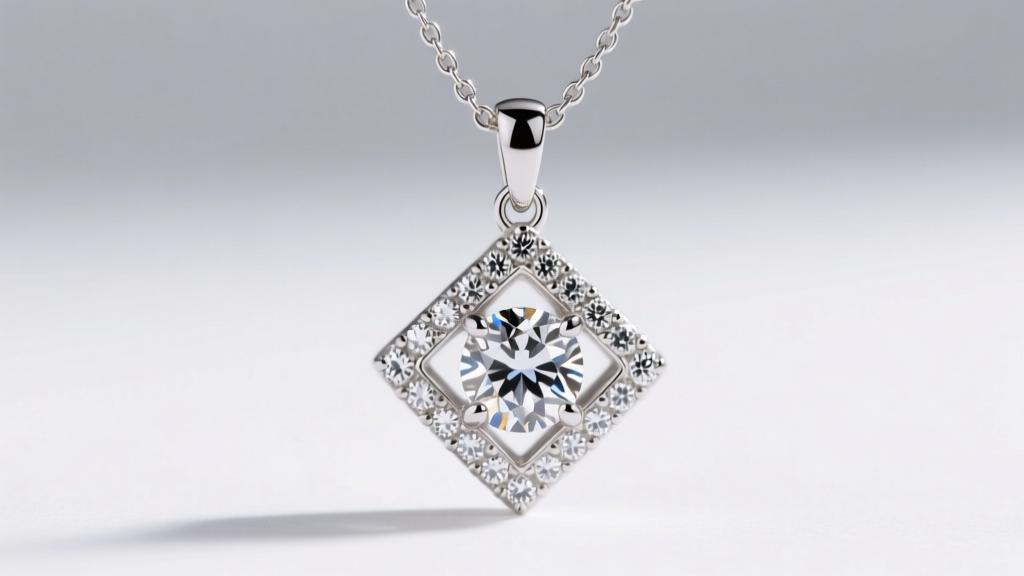 Macro shot of a platinum chai pendant on a 1.2mm box chain, showcasing intricate diamond-pave edges and a secure lobster clasp.