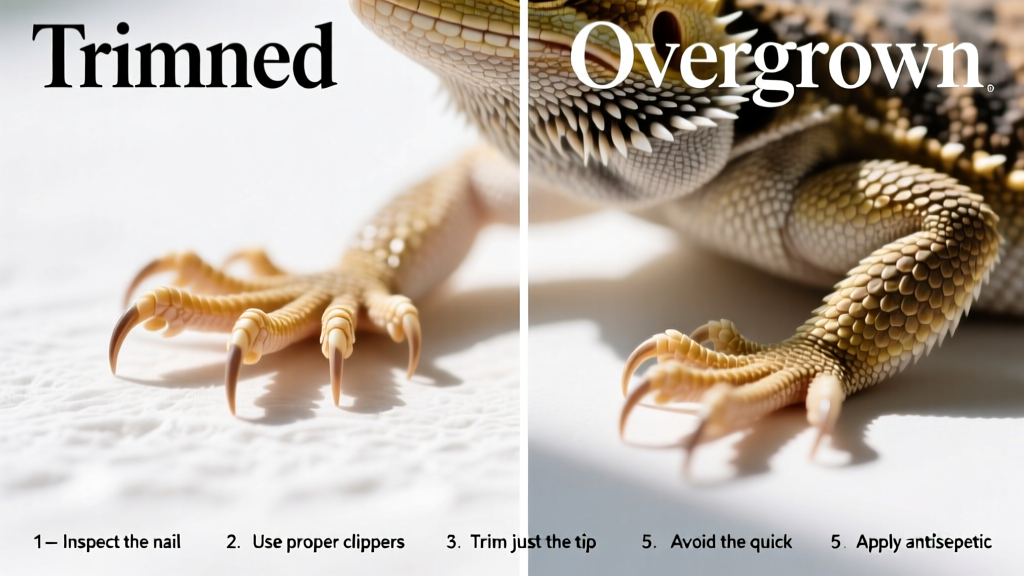 Side-by-side comparison showing properly trimmed bearded dragon nails versus overgrown, curled nails