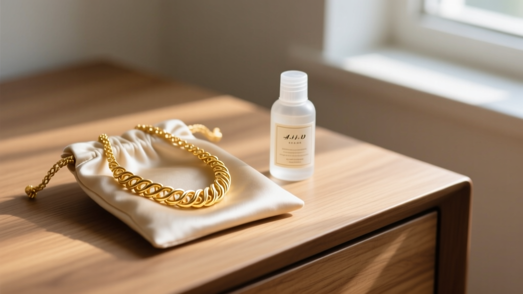 A 24k gold necklace coiled inside an anti-tarnish cloth pouch next to a small bottle of mild jewelry cleaner on a wooden dresser