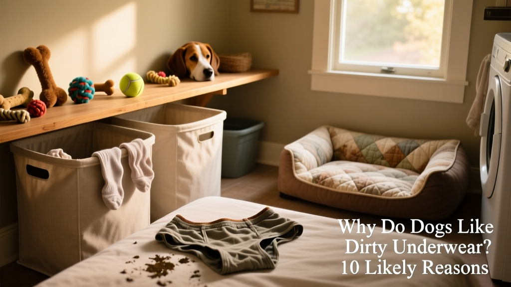 A tidy laundry room with closed hampers, dog toys on a nearby shelf, and a cozy dog bed in the corner