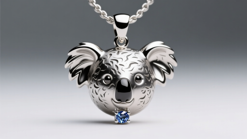 Macro shot of a silver koala pendant featuring oxidized details and a small ethically sourced sapphire accent under bright studio lighting.