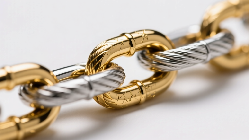 Macro view of 316L stainless steel rope chain with PVD gold finish, showing microscopic texture under bright studio lights