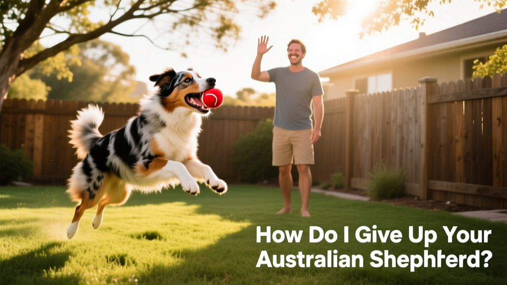 Australian Shepherd playing fetch in a fenced backyard with a smiling adult nearby