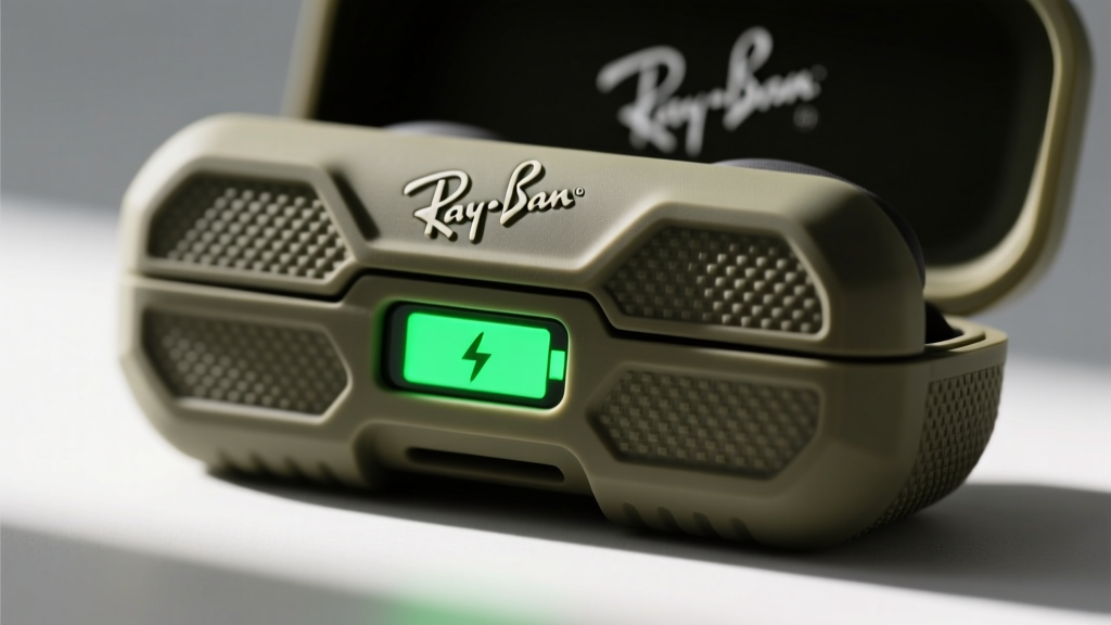 Close-up of Ray-Ban Meta Wayfarer charging case showing the rugged outdoor protective silicone sleeve and battery indicator