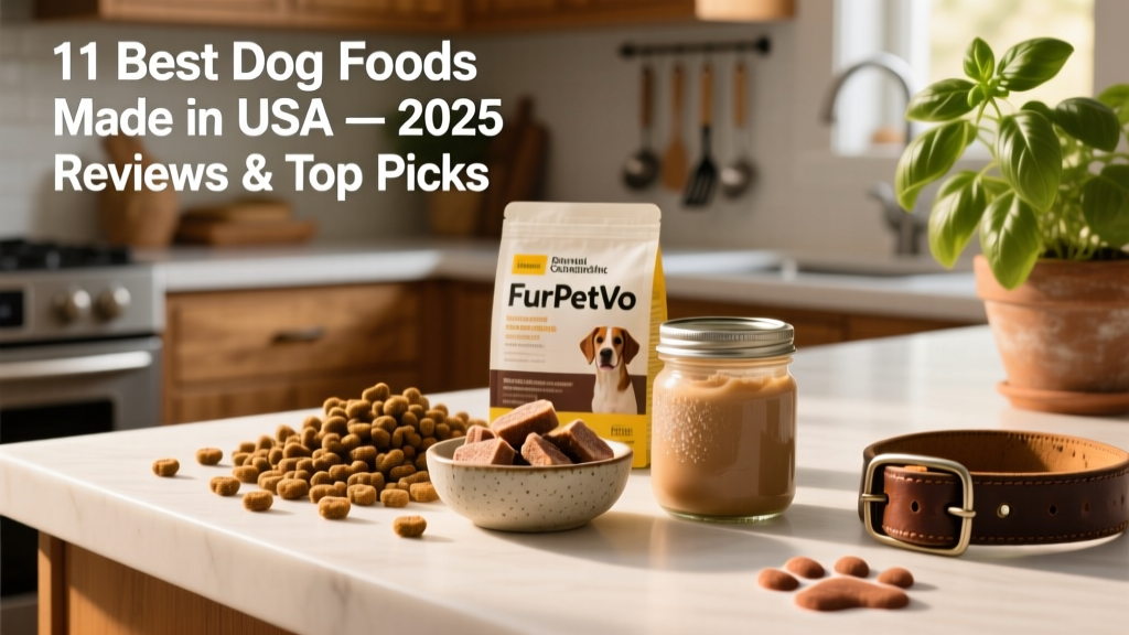 Close-up of kibble, freeze-dried bites, and wet food from FurPetVo, arranged on a clean kitchen counter